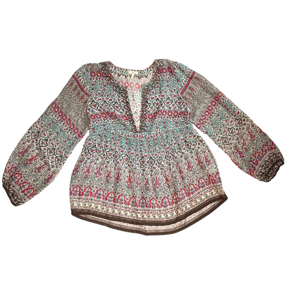 JOIE Womens 100% Silk Blouse Tunic L Colorful Printed V-Neck Sheer Boho Peasant - Picture 1 of 8